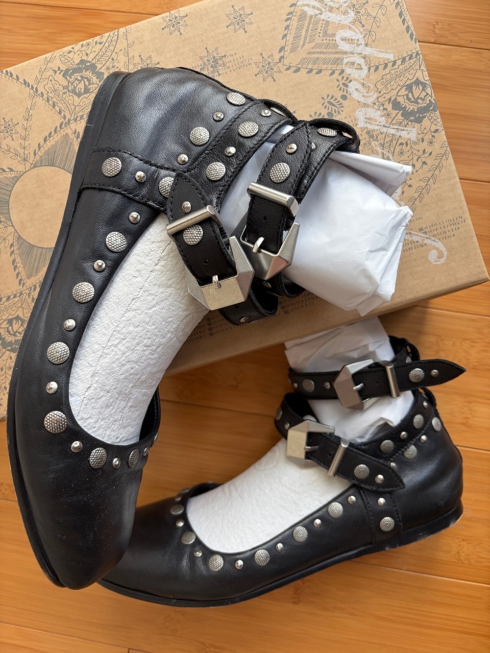 Free People Black Studded Double-Ankle Strap Flats